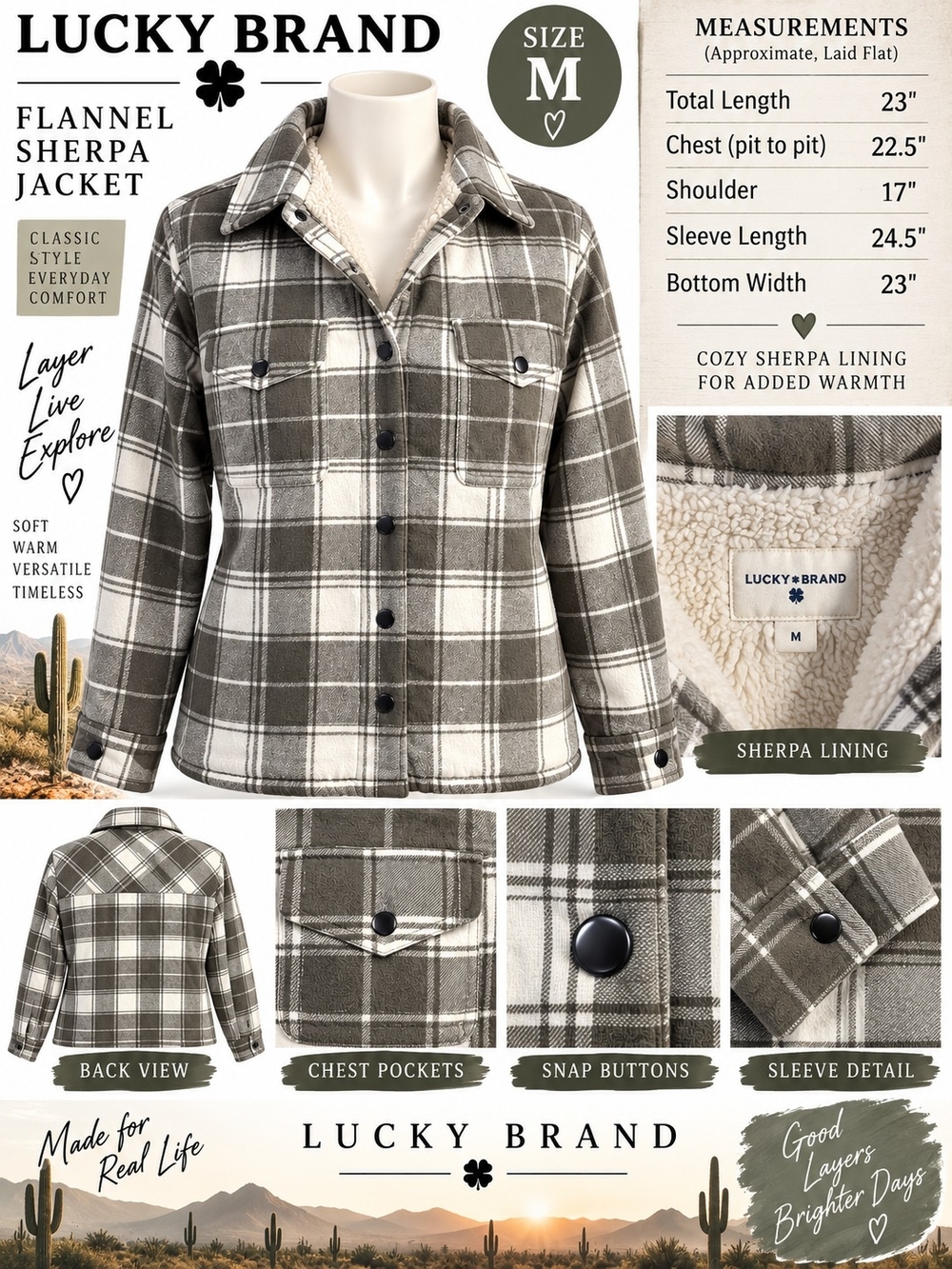 Lucky Brand Women’s Olive Plaid Sherpa-Lined Flannel Jacket size MED